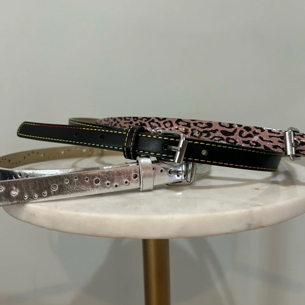 Trendy Kids' Belt Trio - Black, Silver, and Pink Leopard